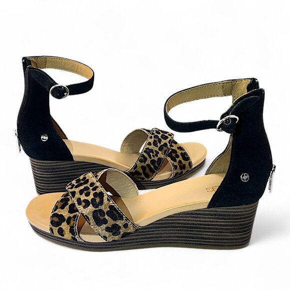 UGG Eugenia Leopard Print Womens Ankle Strap Wedge Sandals Black & Brown Size 10 - Picture 3 of 9